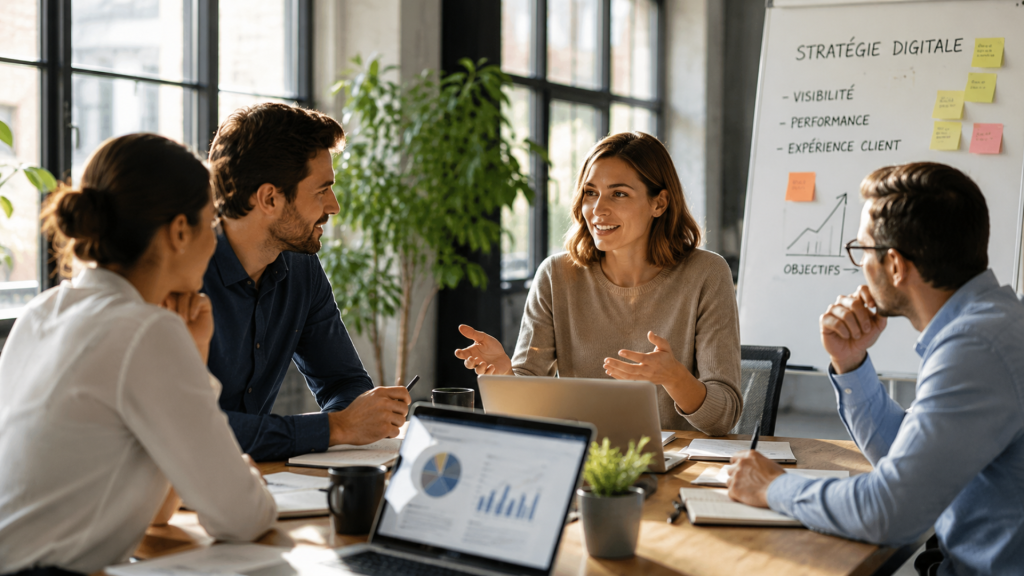 Un groupe de professionnels discute autour d’une table en réunion, analysant une stratégie digitale avec des graphiques et un